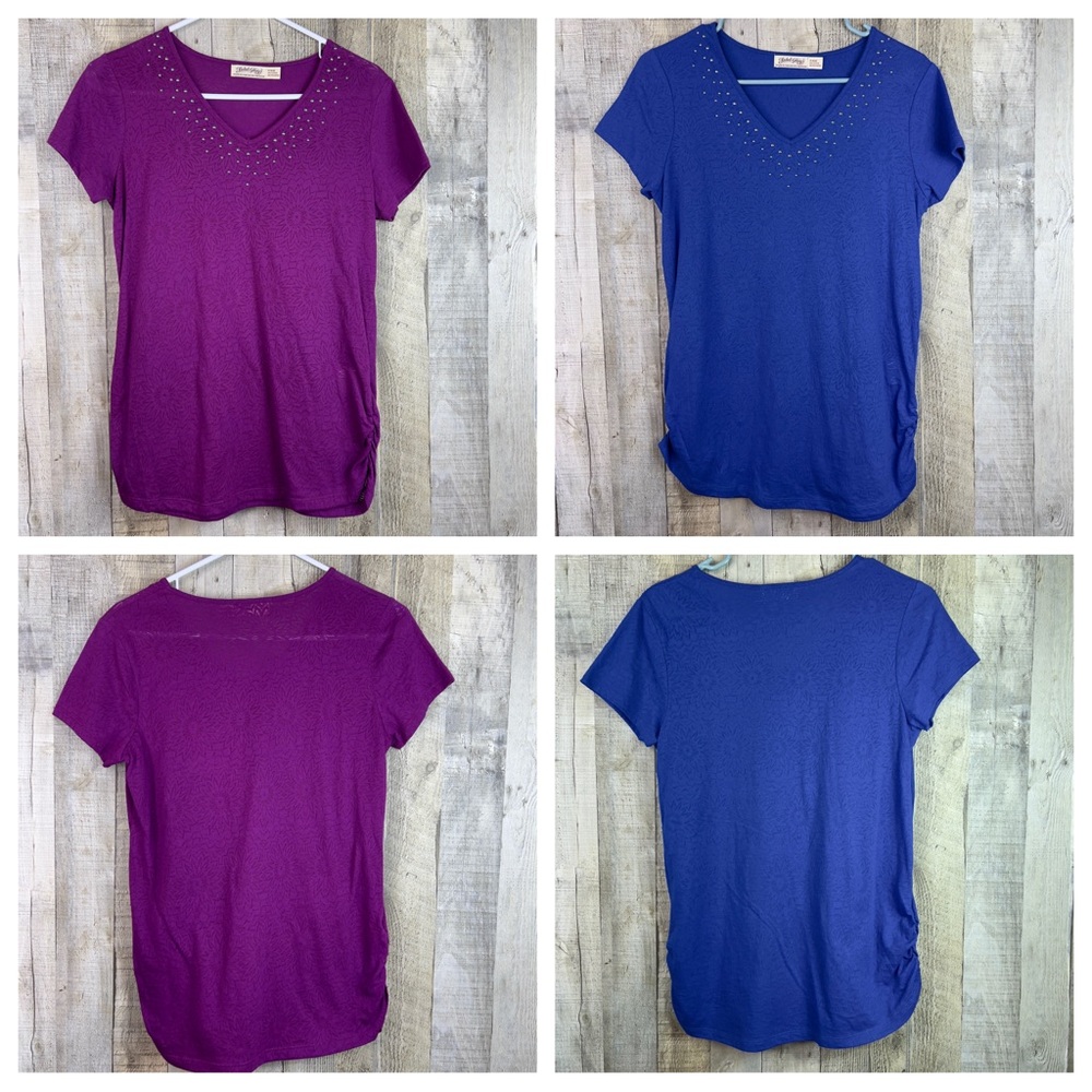 Faded Glory Bundle Lot (S) 2 Short Sleeve Flower Burnout T-shirt w/Silver studs